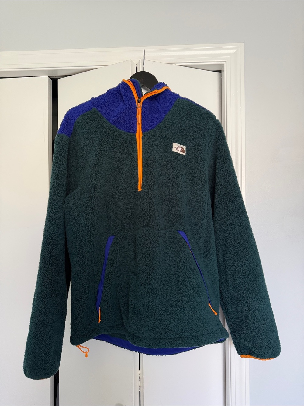 The North Face Dark Green Sherpa Pullover with Blue Yoke & Orange Trim